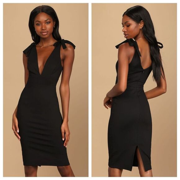 NWT Lulus Date Night Done Right Black Tie-Strap‎ Bodycon Midi Dress Black XS - Picture 1 of 16